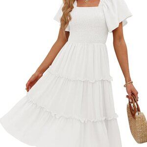 Women's Summer Casual Flutter Sleeve Square Neck Smocked Midi Dress